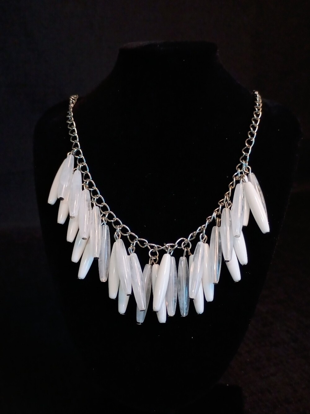 Elegant White Beaded Necklace W Oblong Oval White and Opaque Beading, Lobster